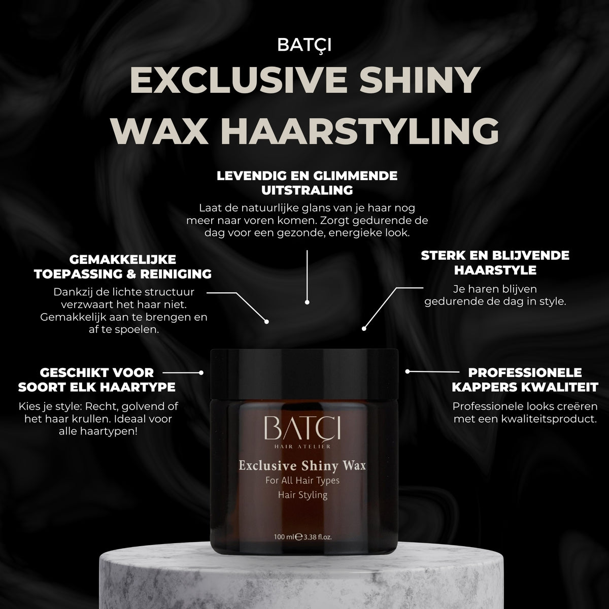 Shiny hair wax features: glossy finish, strong style, easy to wash out