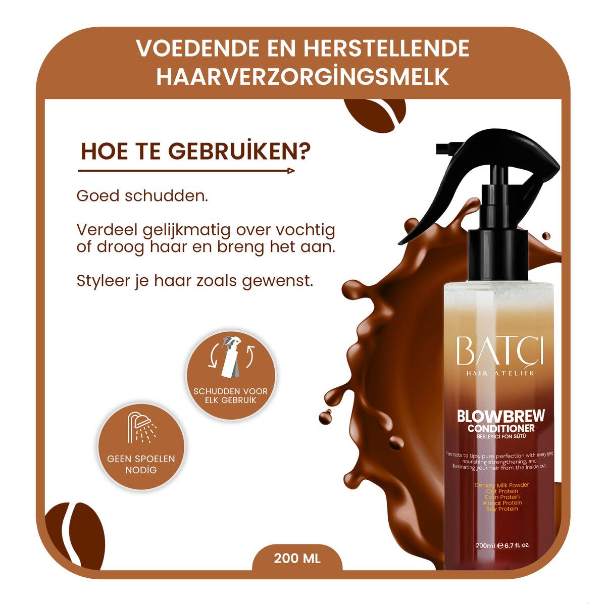 How to use BlowBrew coffee hair milk: shake, spray, no rinse