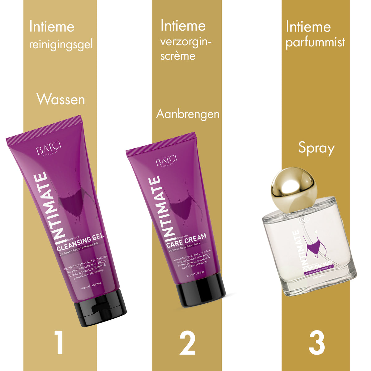 Women’s intimate care routine in 3 steps: wash, apply, spray